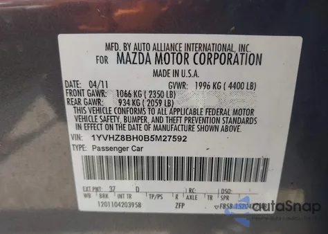 2011 Mazda Mazda6 I Sport from USA, damaged, VIN 1YVHZ8BH0B5M27592